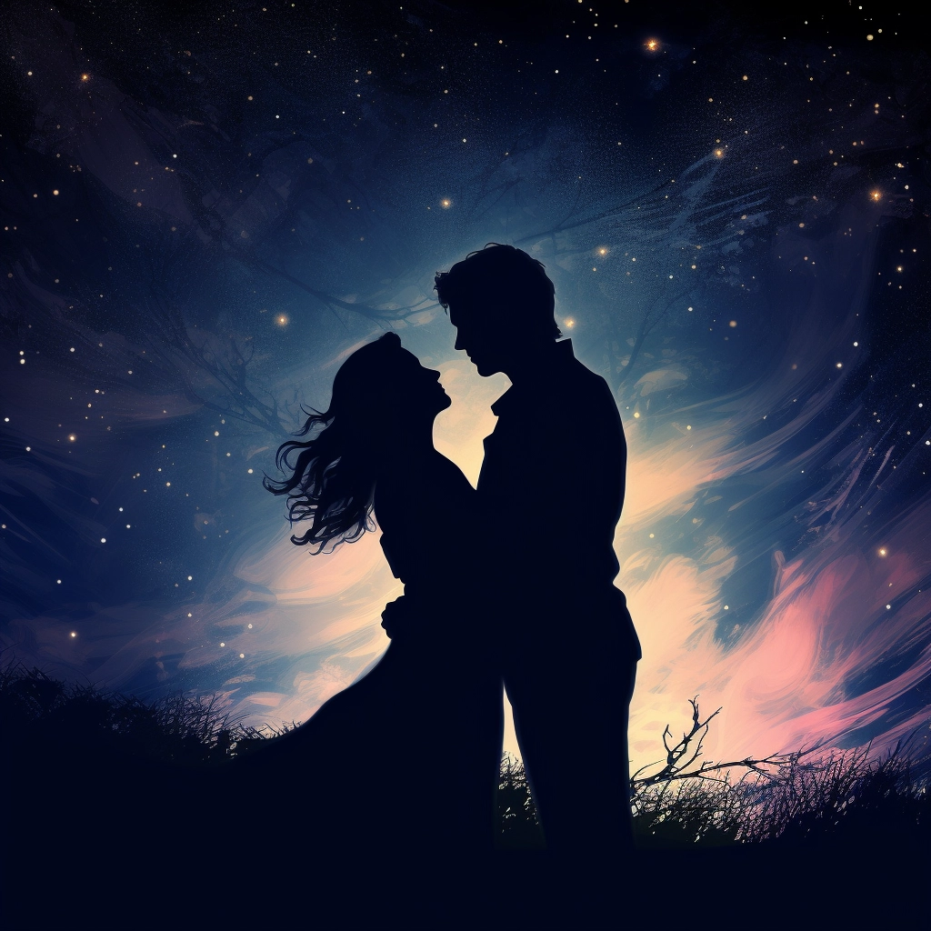 Shadow of a man and woman hugging a night sky styliz