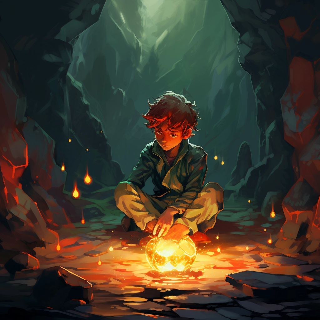 A character sitting on the ground next to a cave ful