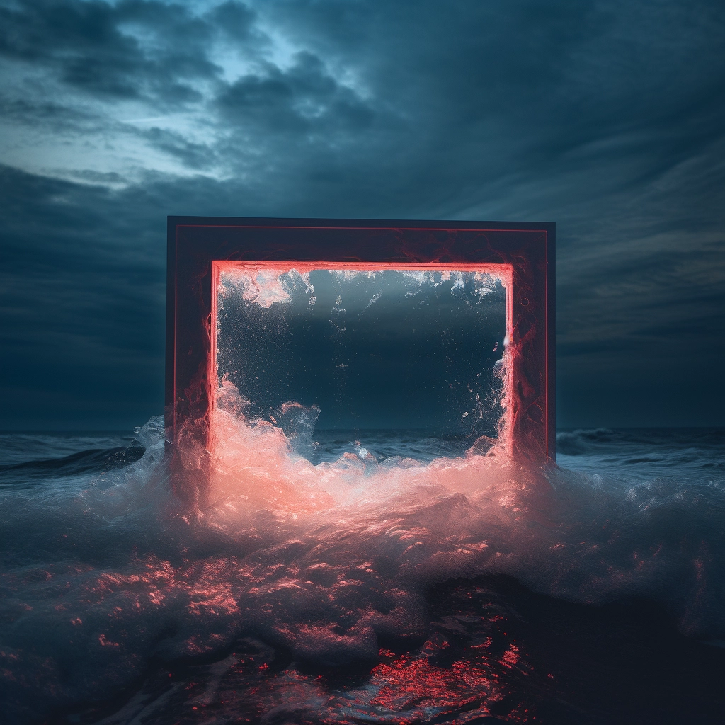 An underwater white sculpture with a frame and glowi