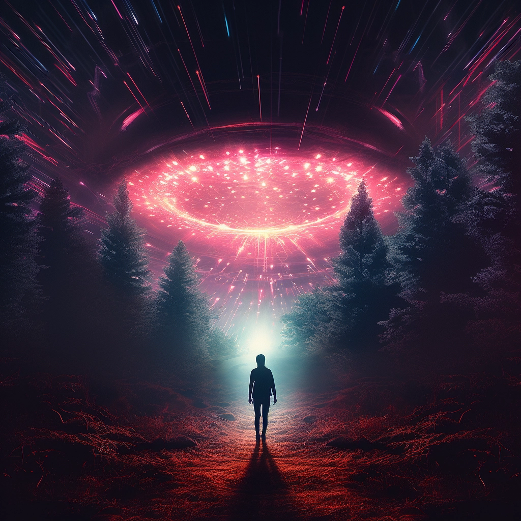 A woman walks through the woods with an alien in the