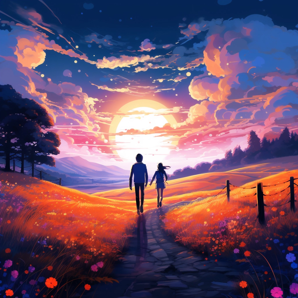 Two anime people walking at the end of a pathway in