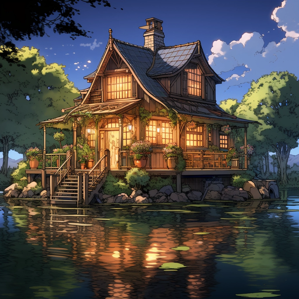 Anime lakehouse reflecting off of water HDR beautifu