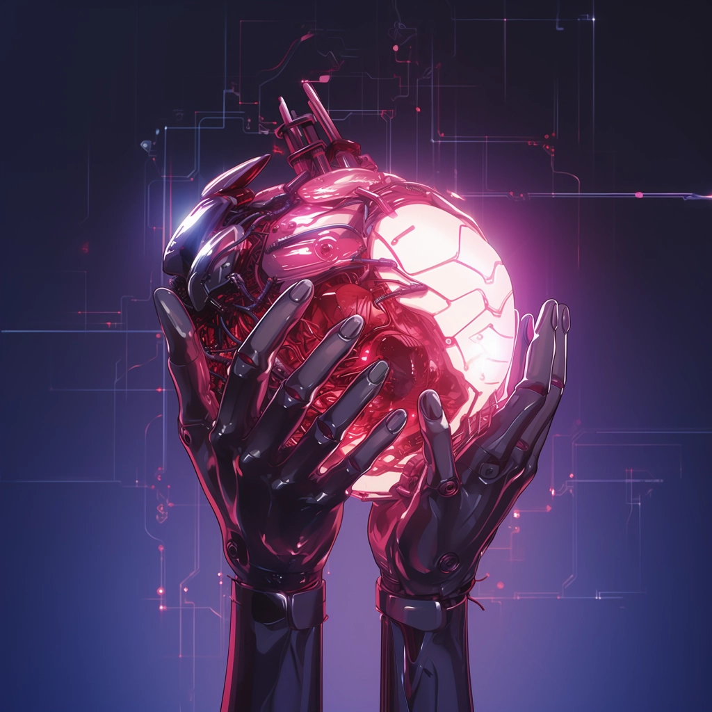 Synthetic heart being held in a robotic hand in the