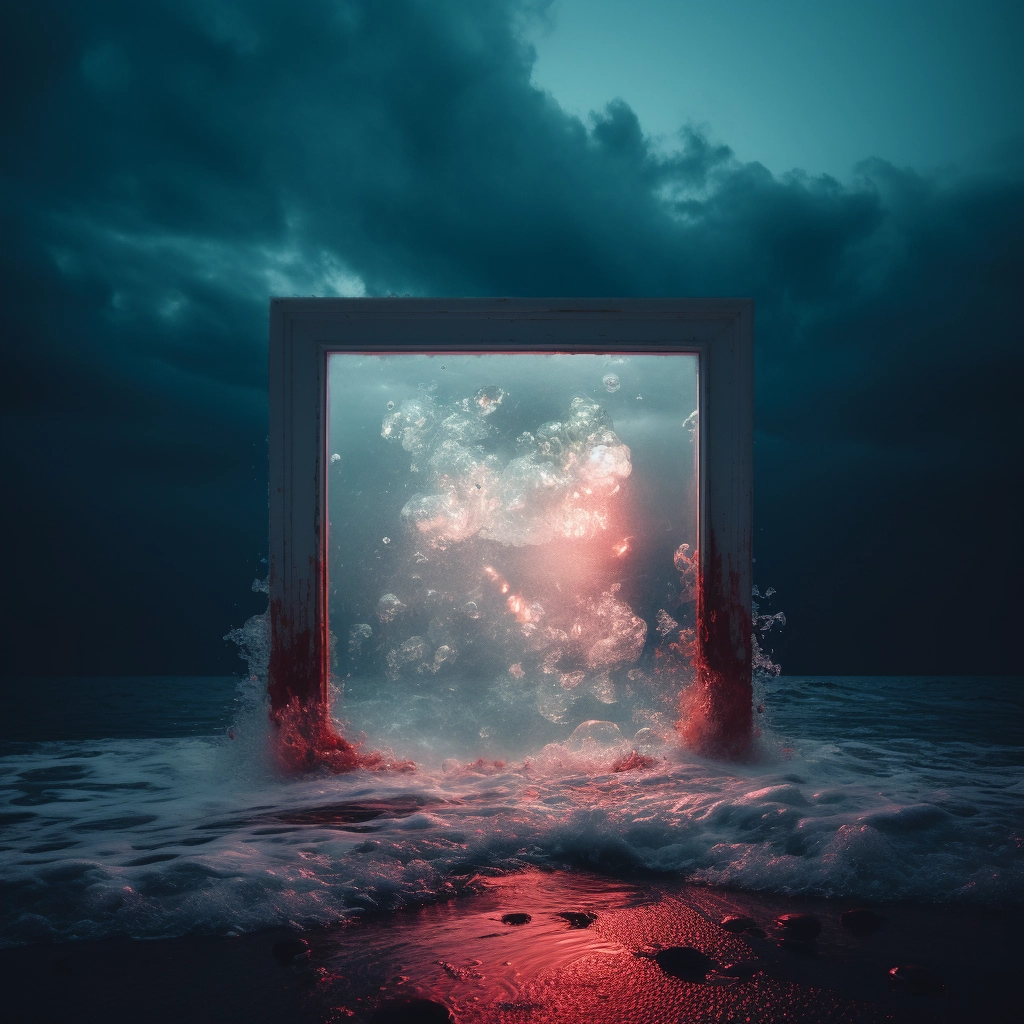 An underwater white sculpture with a frame and glowi