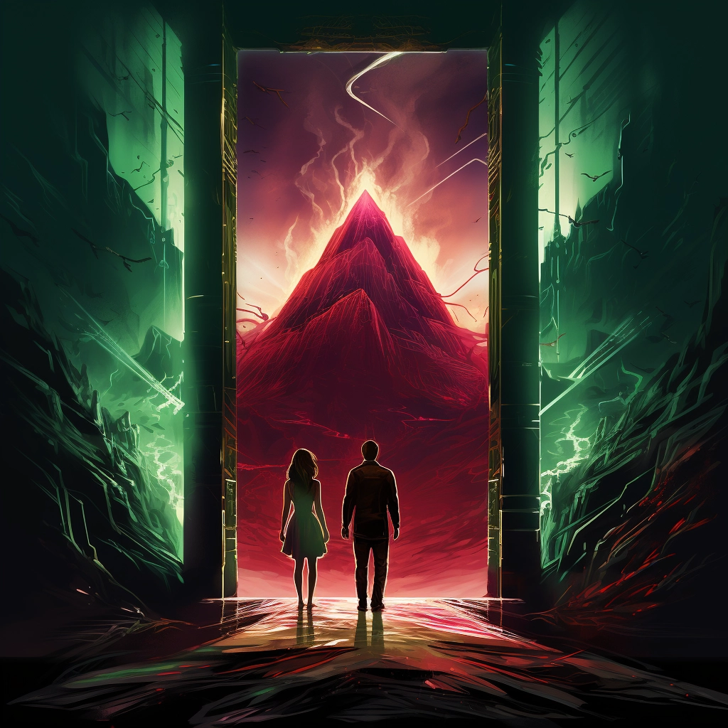 A man and women in front of an open door of a mounta