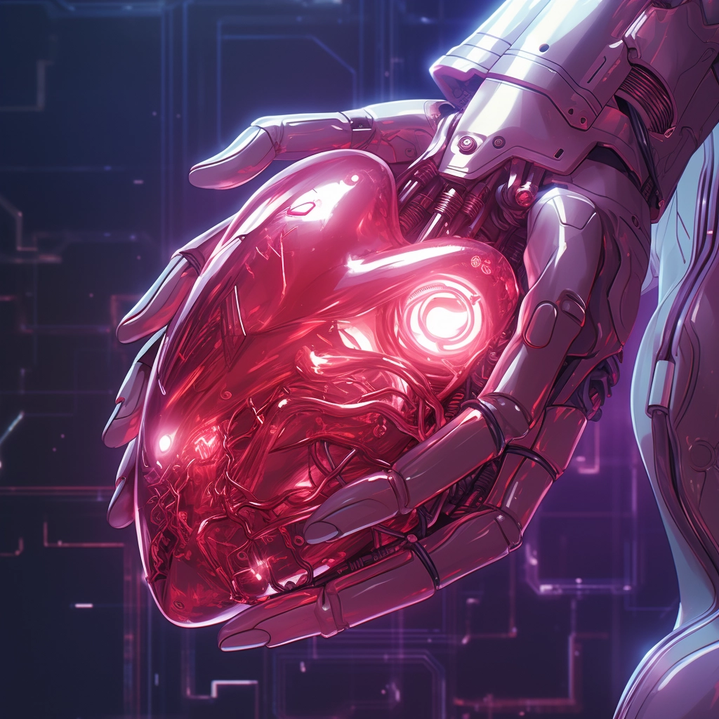 Synthetic heart being held in a robotic hand in the