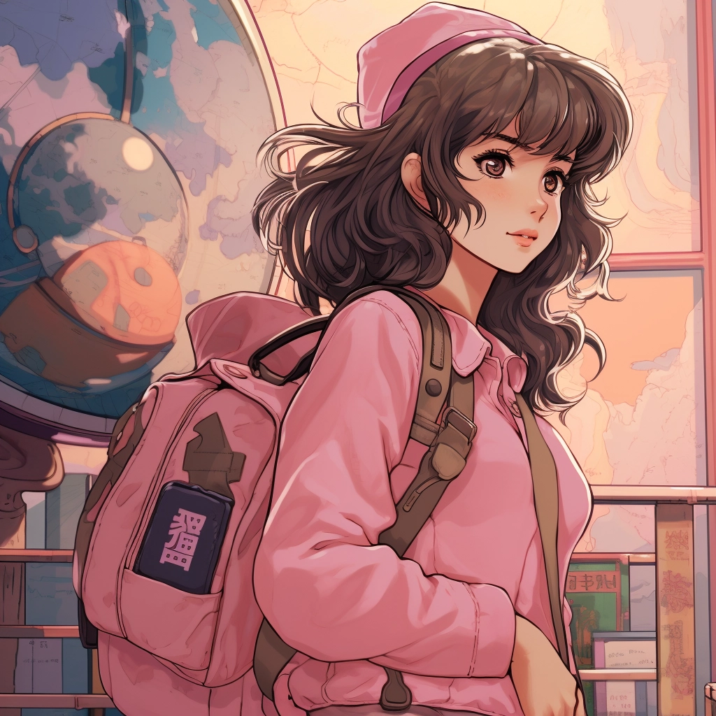Anime girl in pink standing near her backpack in the