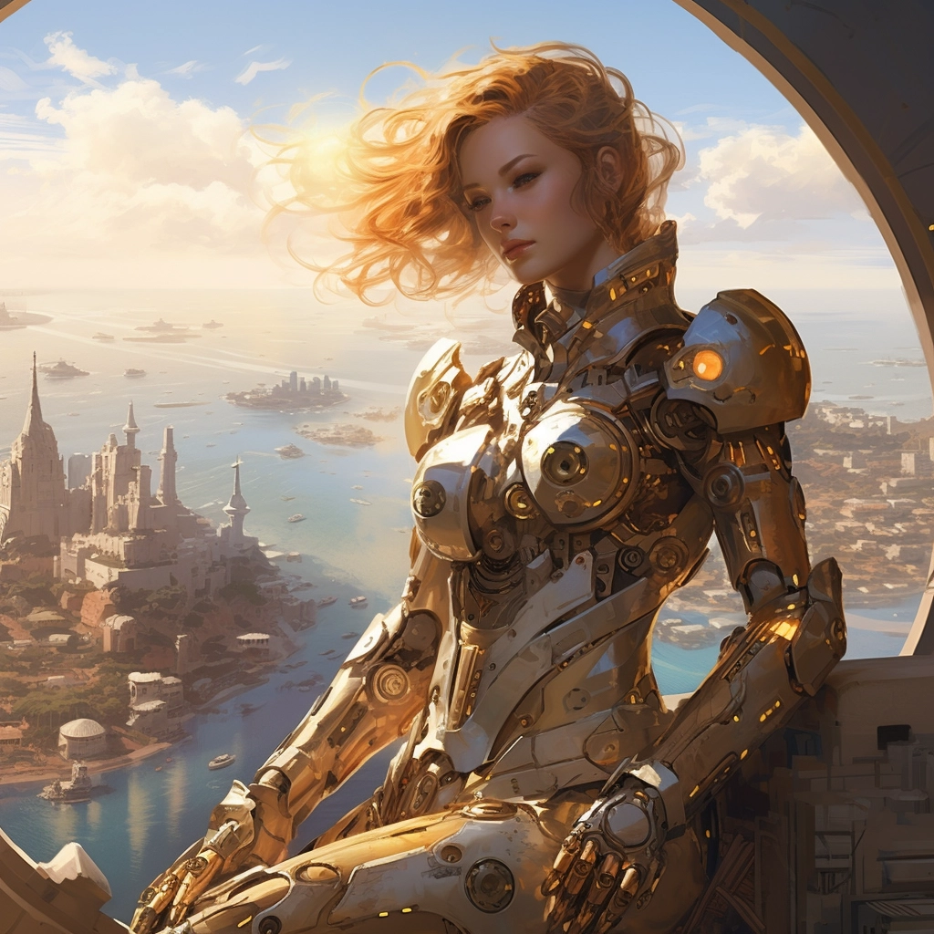 Golden armor and futuristic gear with skyline view w