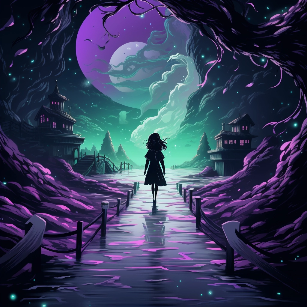 A character walking down a walkway with dark colors