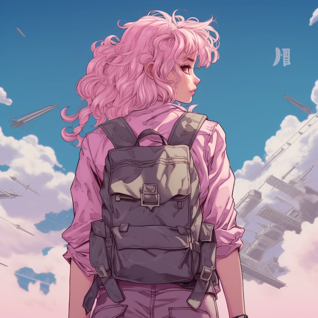 Anime girl in pink standing near her backpack in the