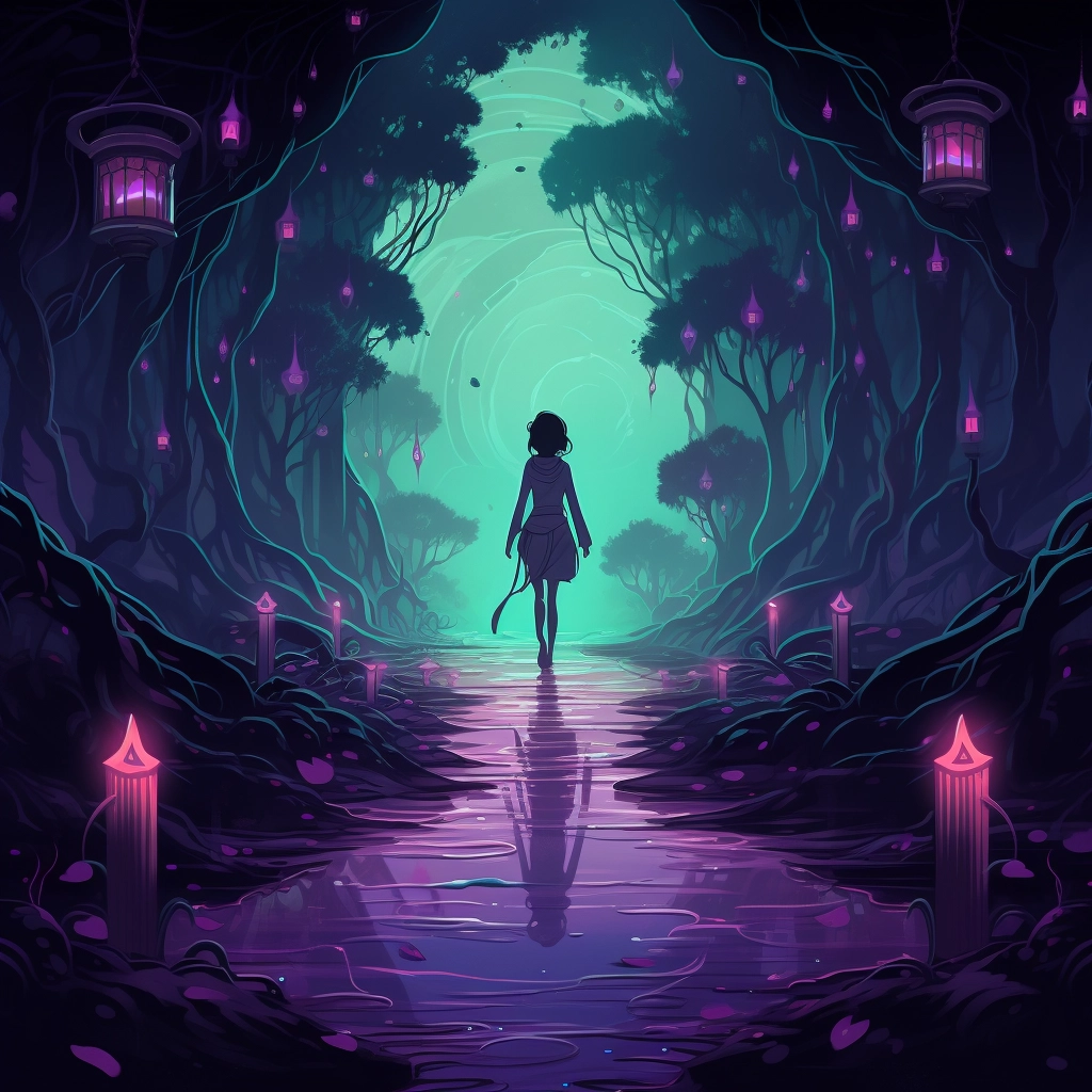 A character walking down a walkway with dark colors