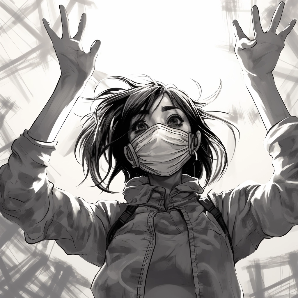 The girl is wearing a surgical mask with her hands i