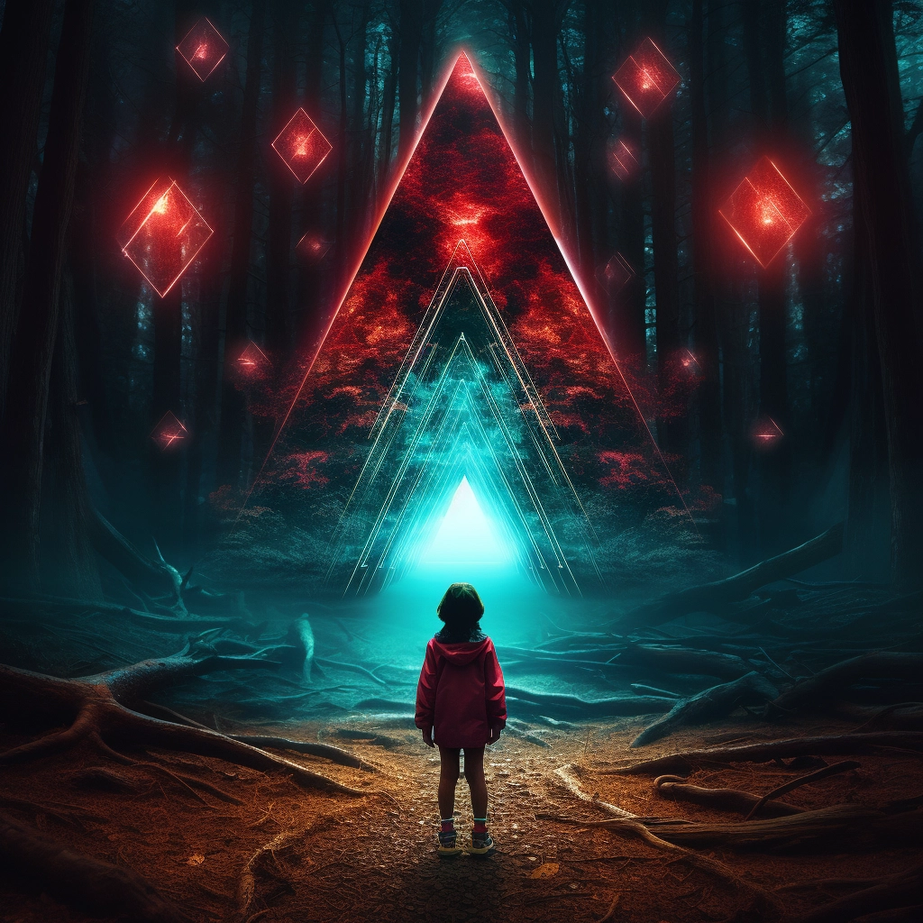 A little girl standing in a forest near a large glow