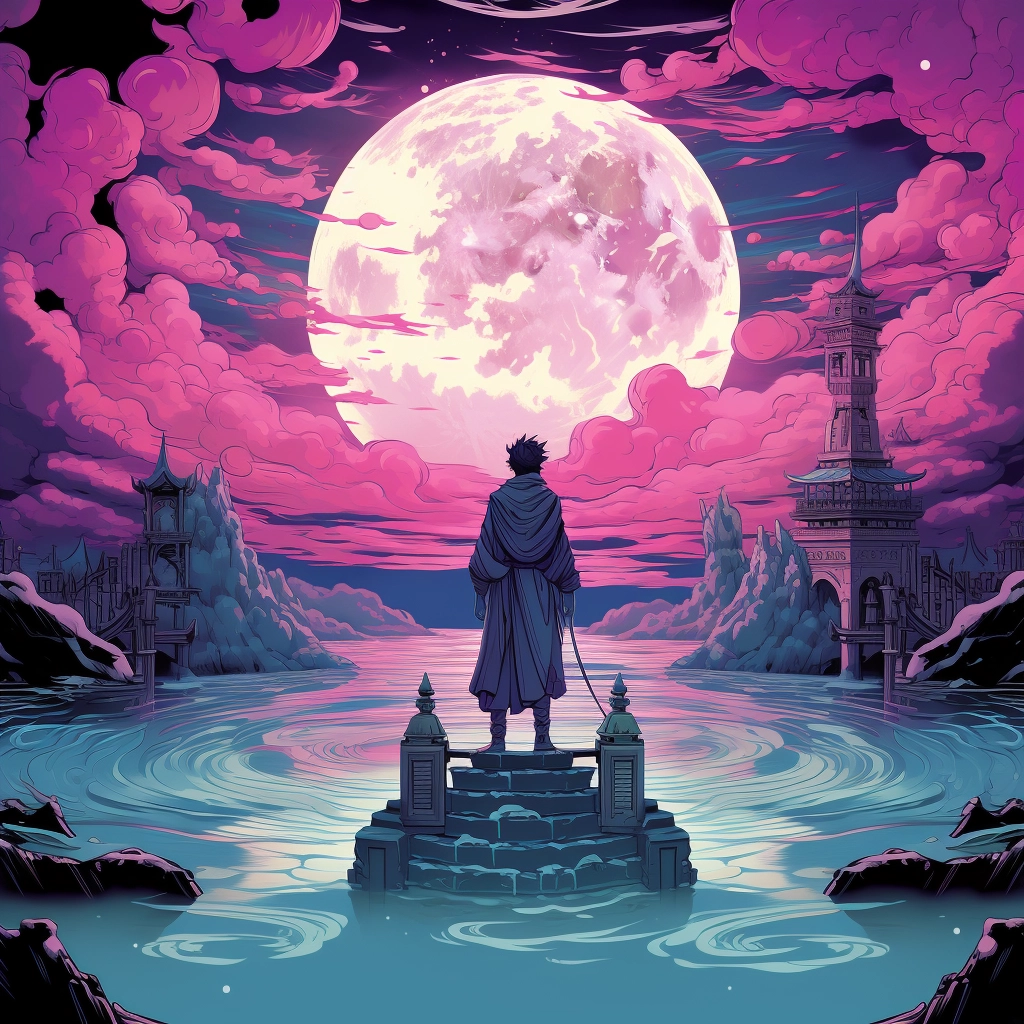 The sky is full of moon and a man is standing on a p