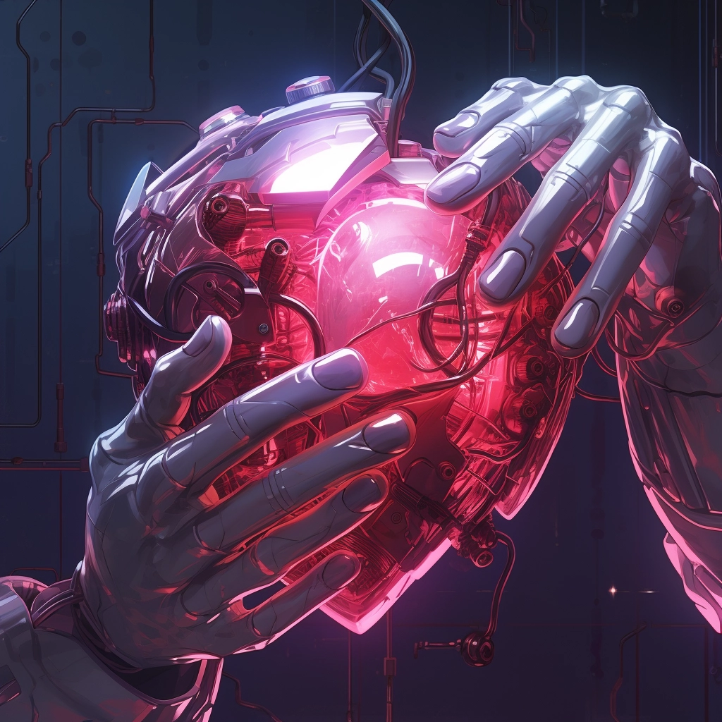 Synthetic heart being held in a robotic hand in the