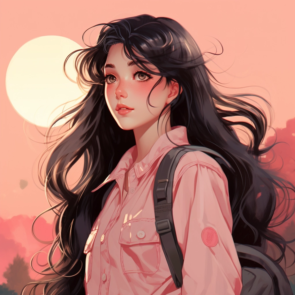 An anime girl with long black hair wearing an overal
