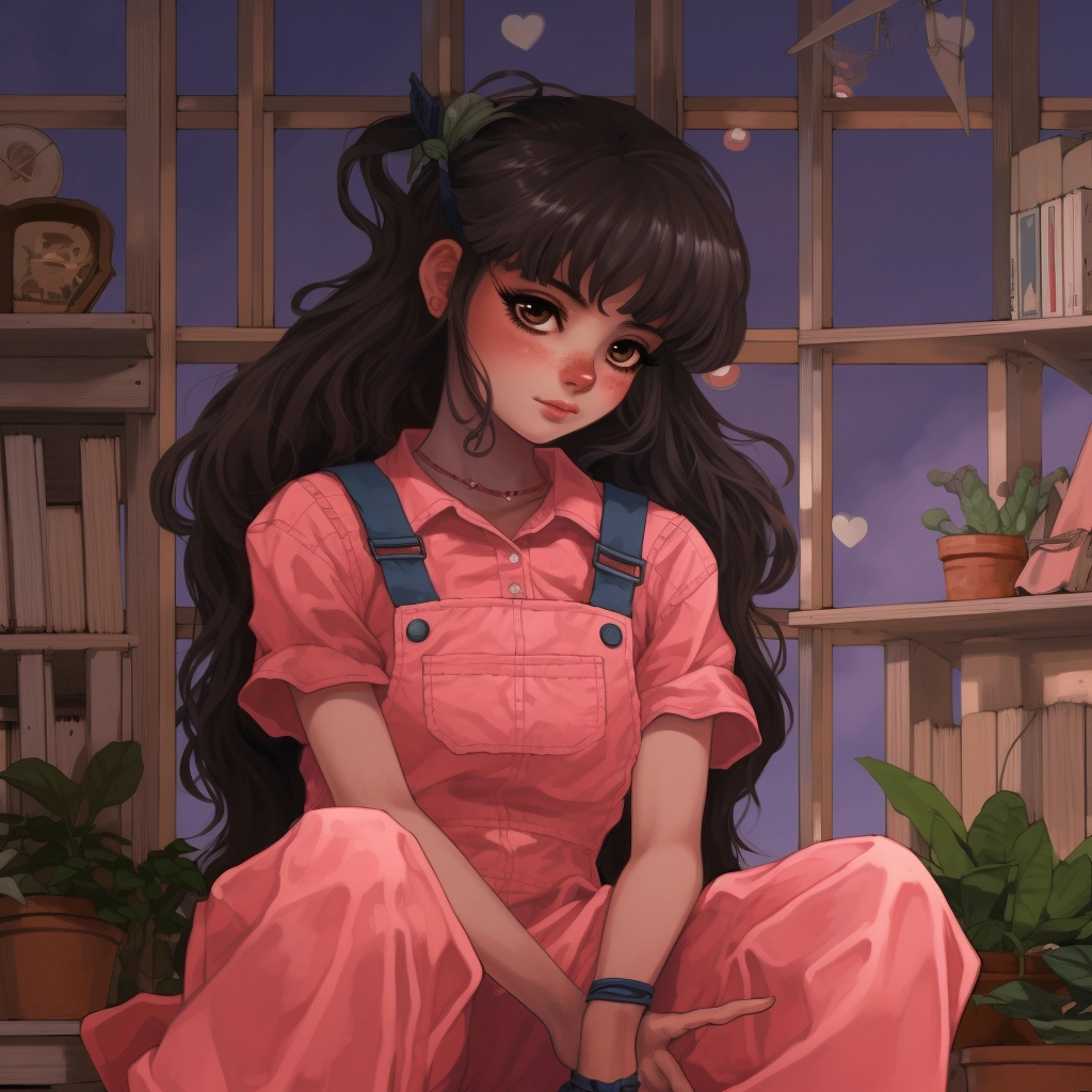 Chikaras doll image in the pink overalls in the styl