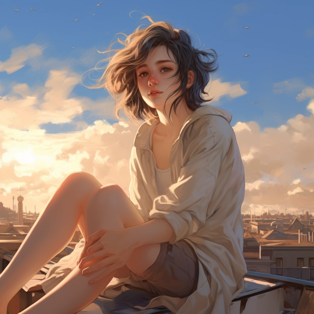 An anime girl sitting on the rooftop in the style of