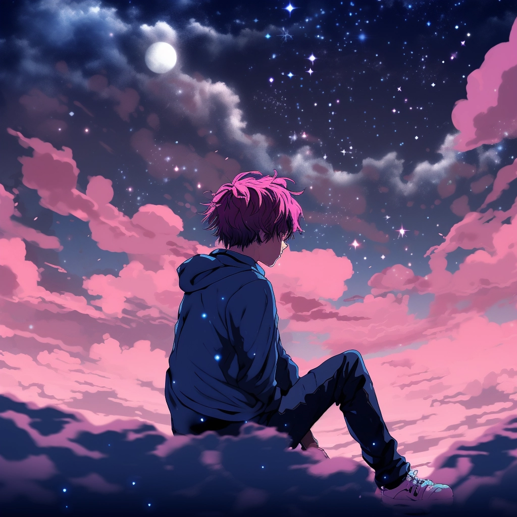A boy sitting under the night sky with pink hair in