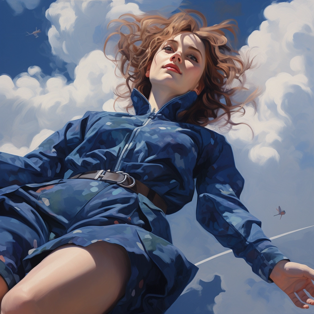 A girl falls down through clouds in the style of com