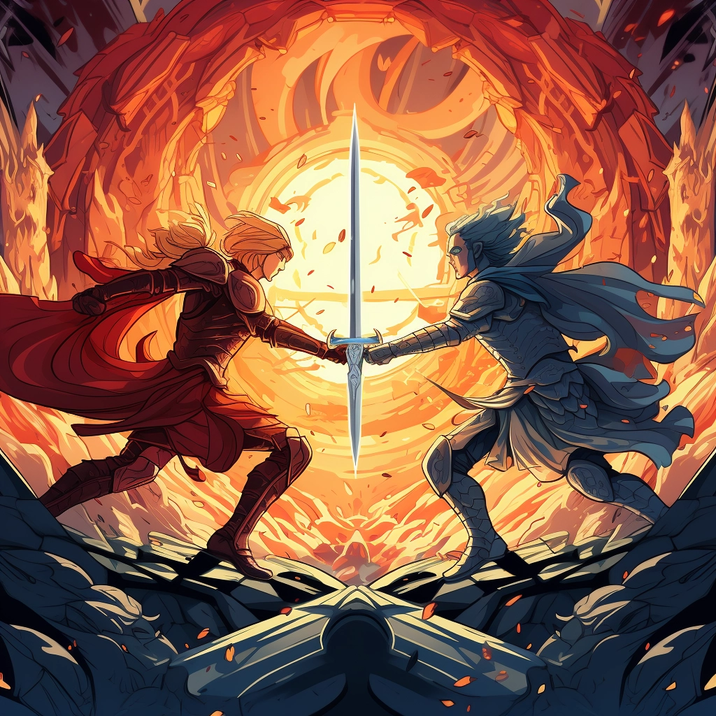 A beautiful illustration of two knights fighting dis