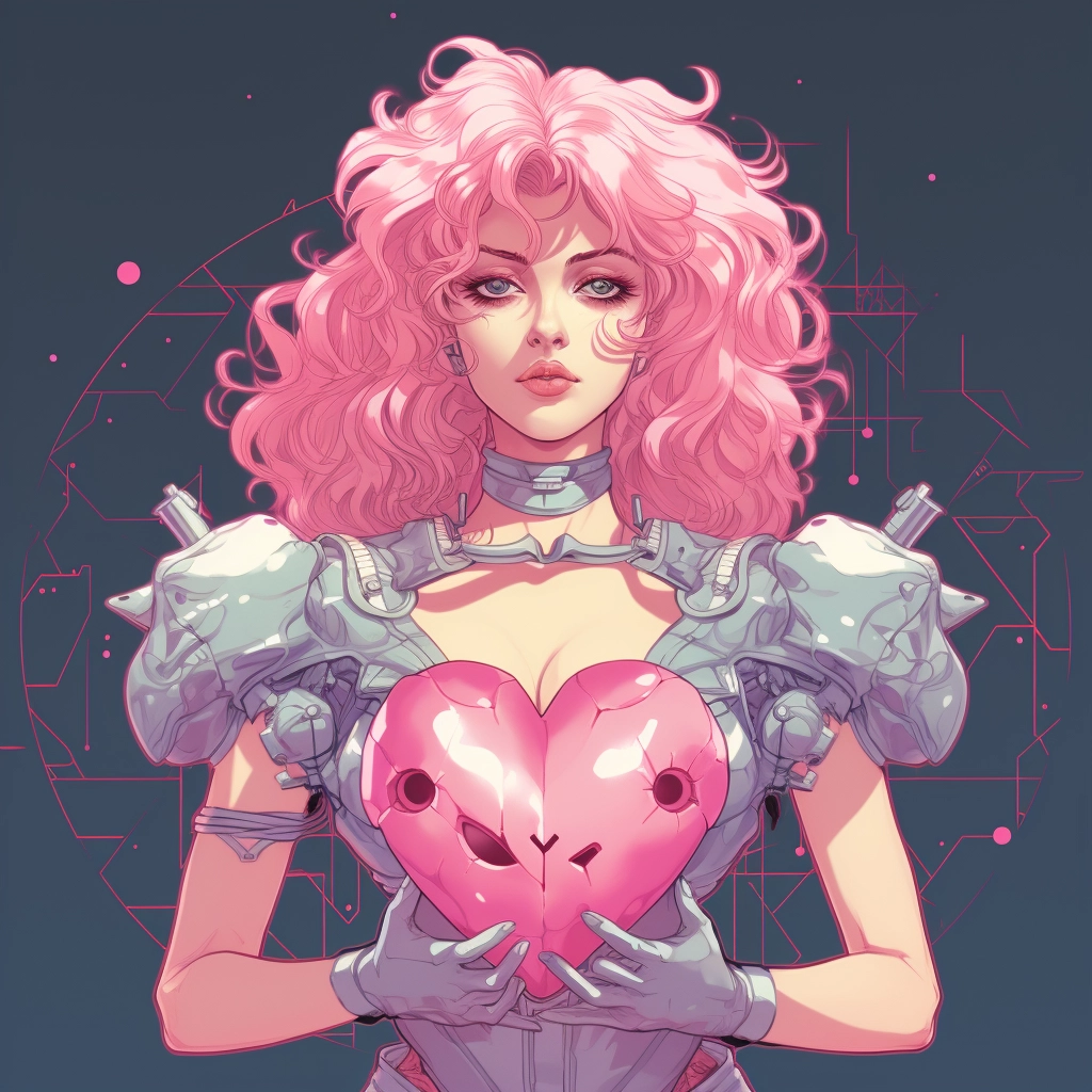 Synthetic heart in the style of 1990s retro anime