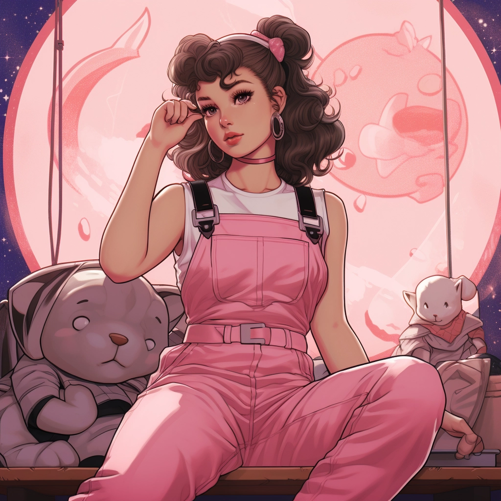 Chikaras doll image in the pink overalls in the styl
