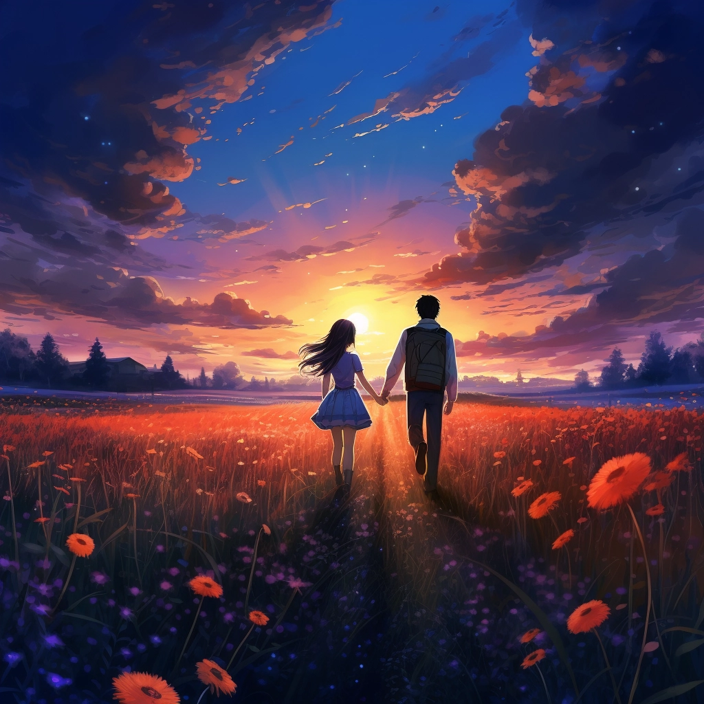 A man and woman walking through a field with flowers