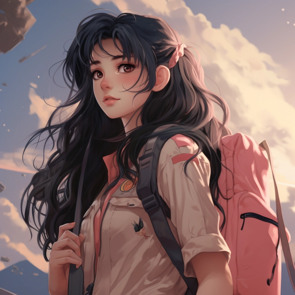 An anime girl with long black hair wearing an overal