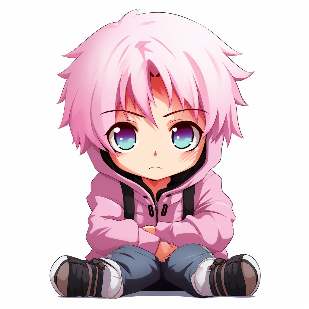 Lonely anime chibi boy with pink hair 2d vector
