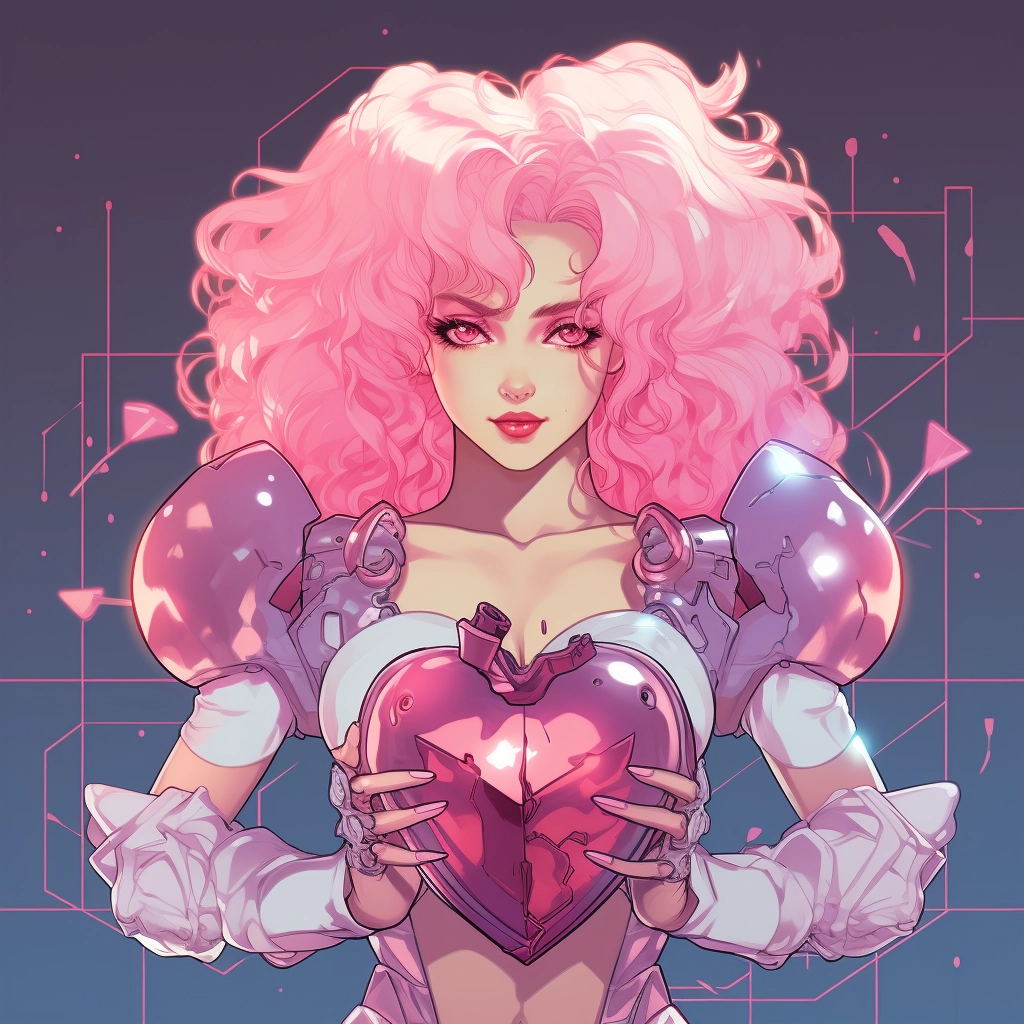 Synthetic heart in the style of 1990s retro anime