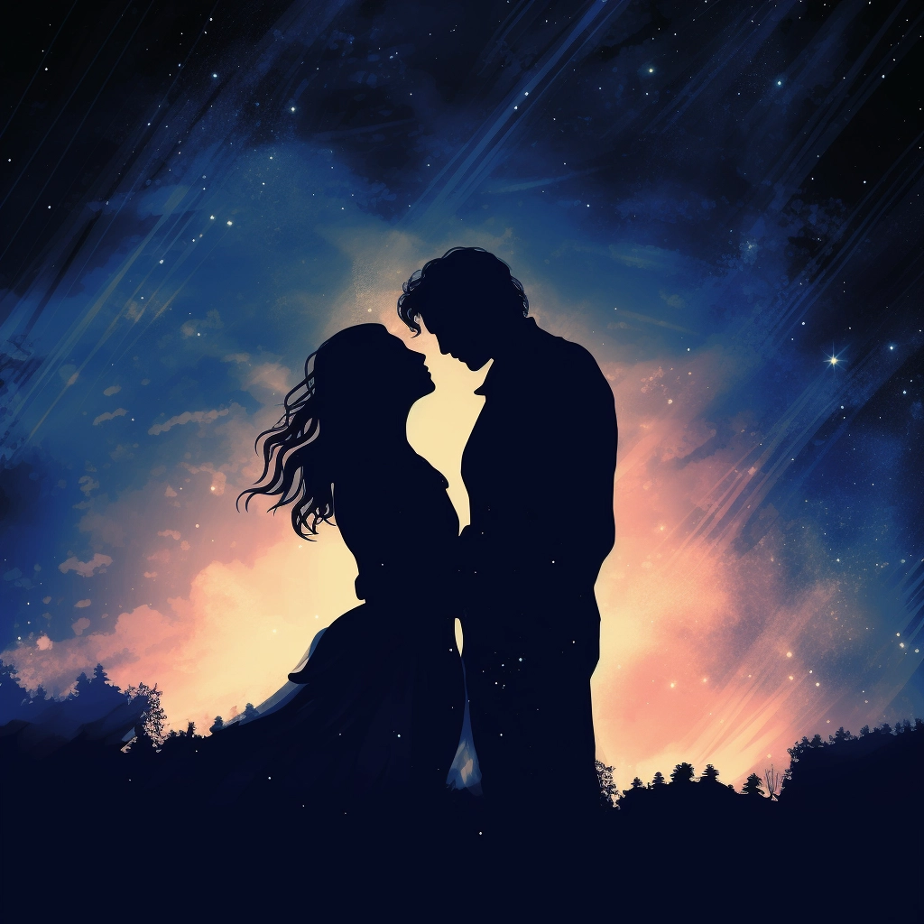 Shadow of a man and woman hugging a night sky styliz