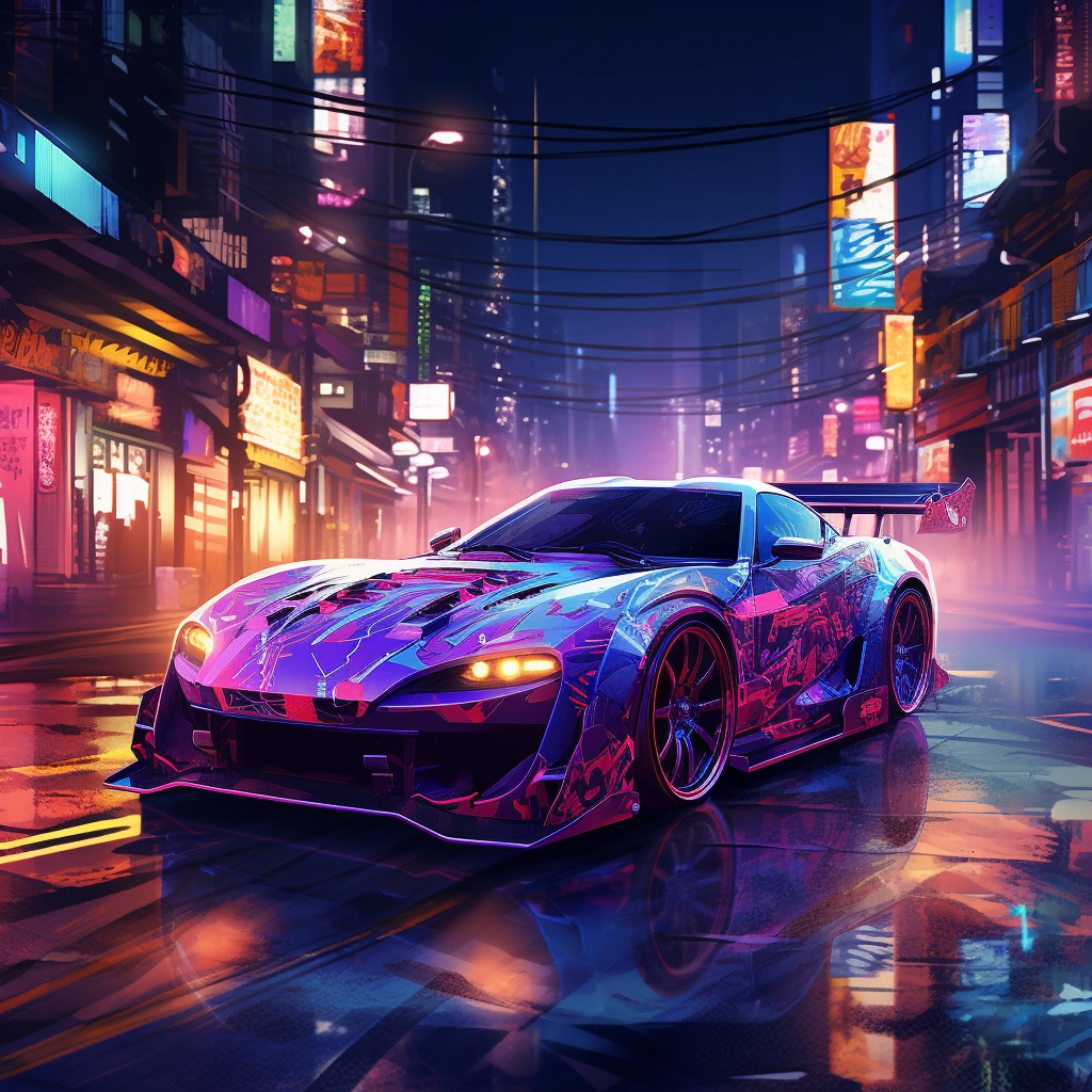 An electronic car on the street at night in the city