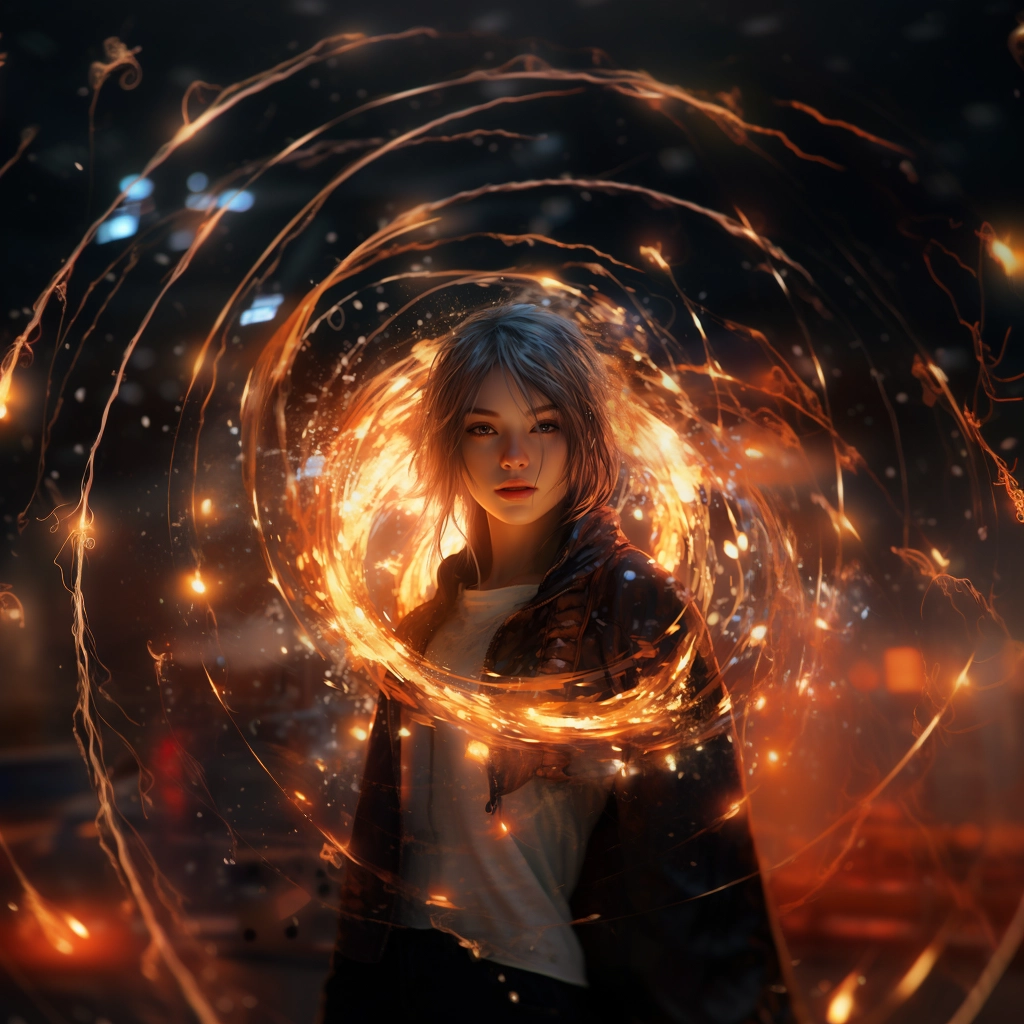 A woman who is standing in the middle of a dark ring