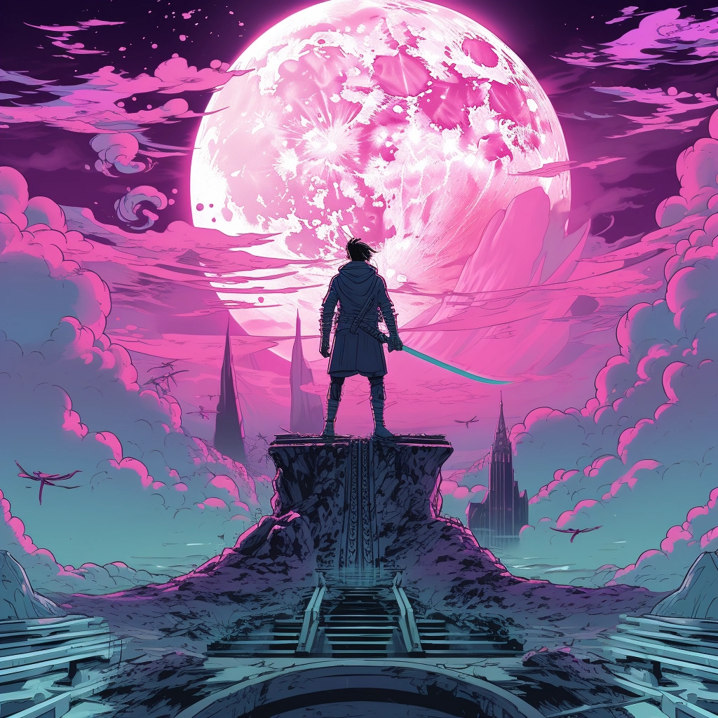The sky is full of moon and a man is standing on a p