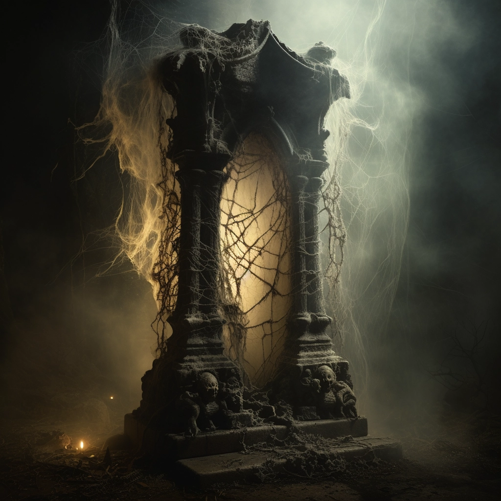 3d spiderwebs on a stone pillar in the style of ethe