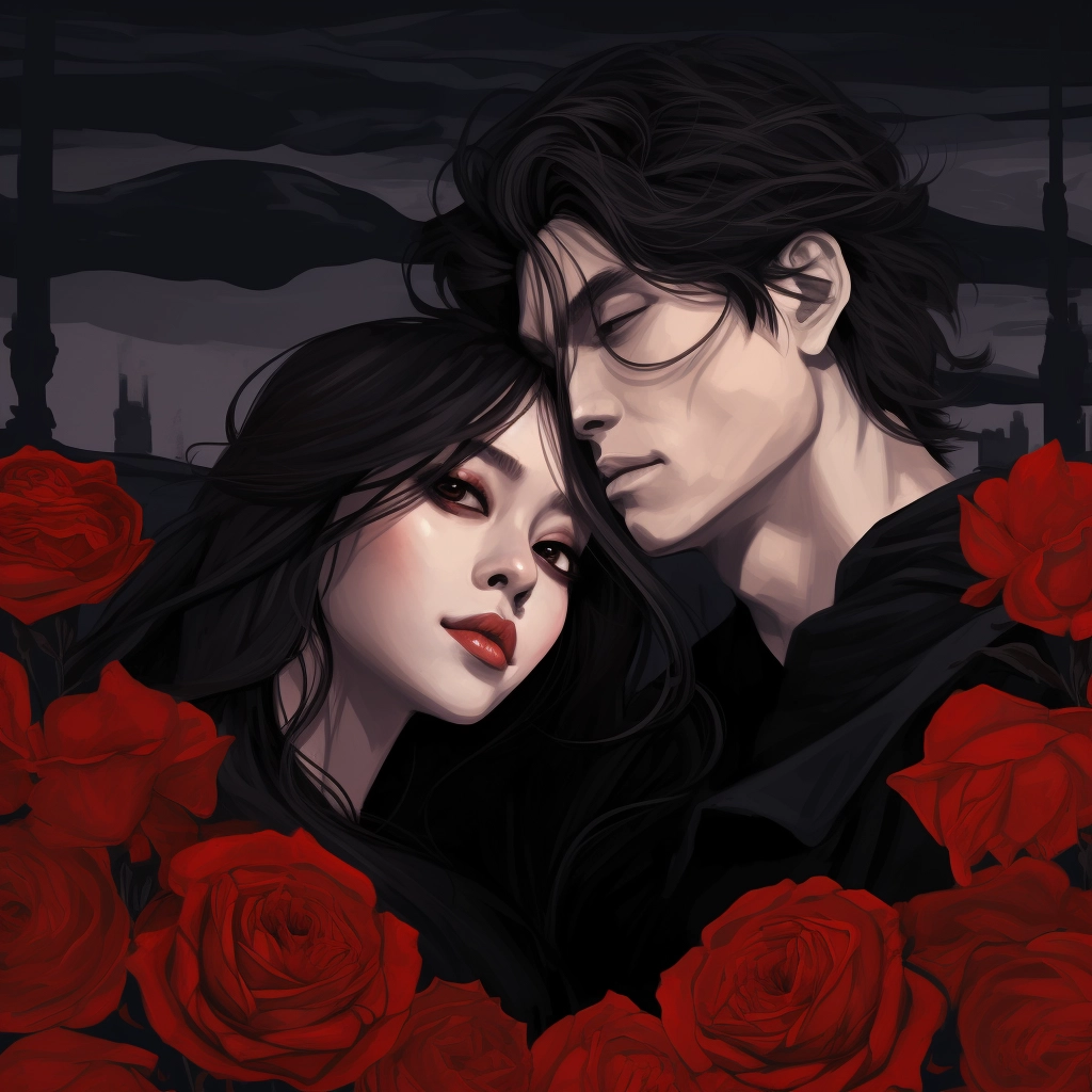 Two black and white couple surrounded by red roses i