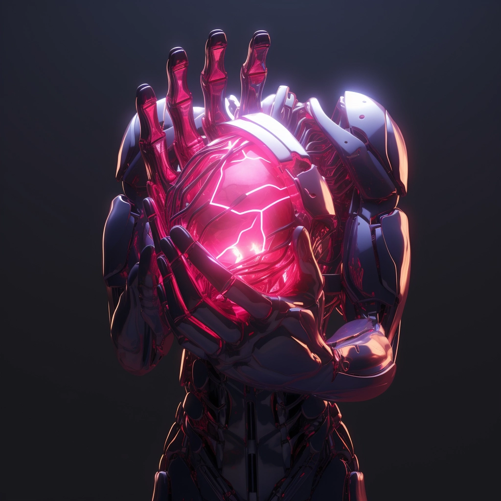 Synthetic heart being held in a robotic hand in the