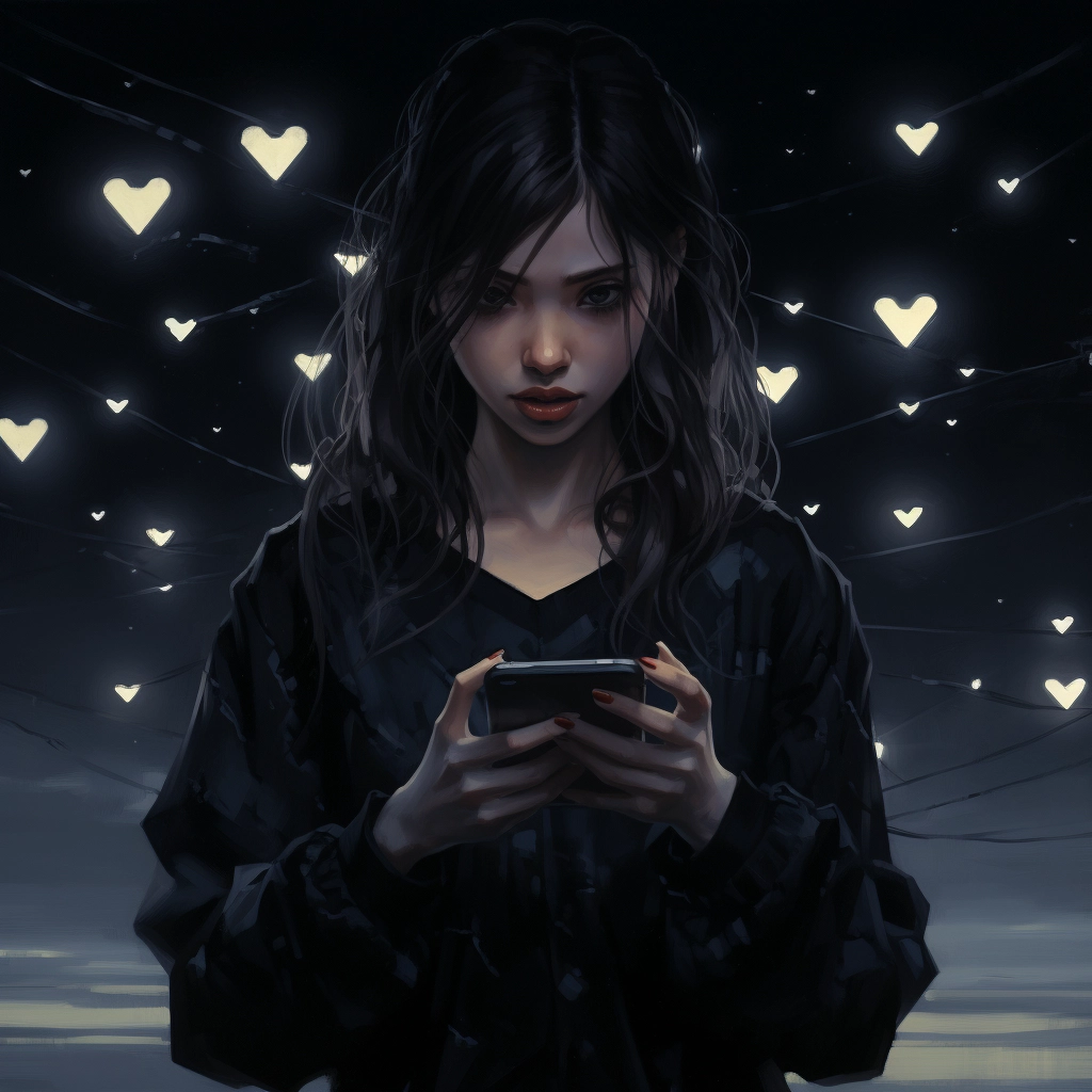 A girl holding a phone with hearts in it in the styl