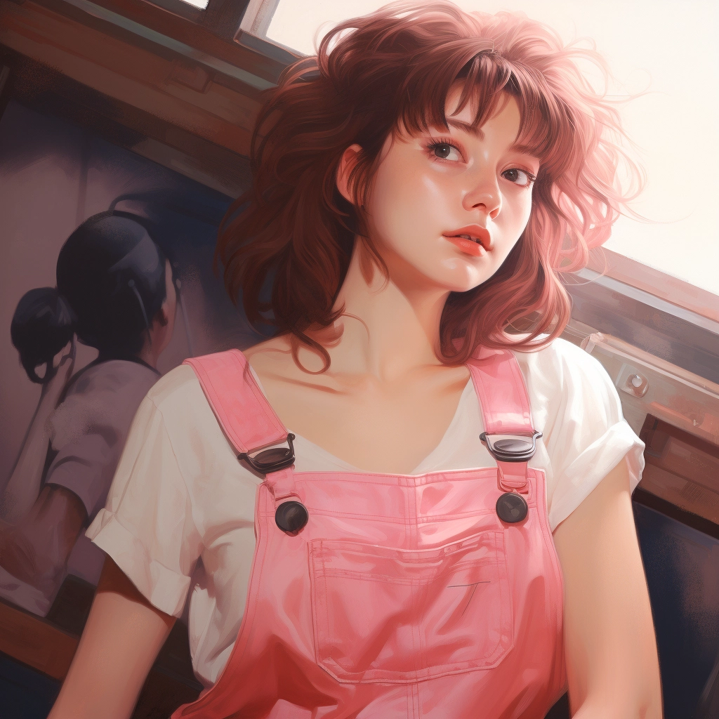 Anime girl dressed in pink overalls in the style of