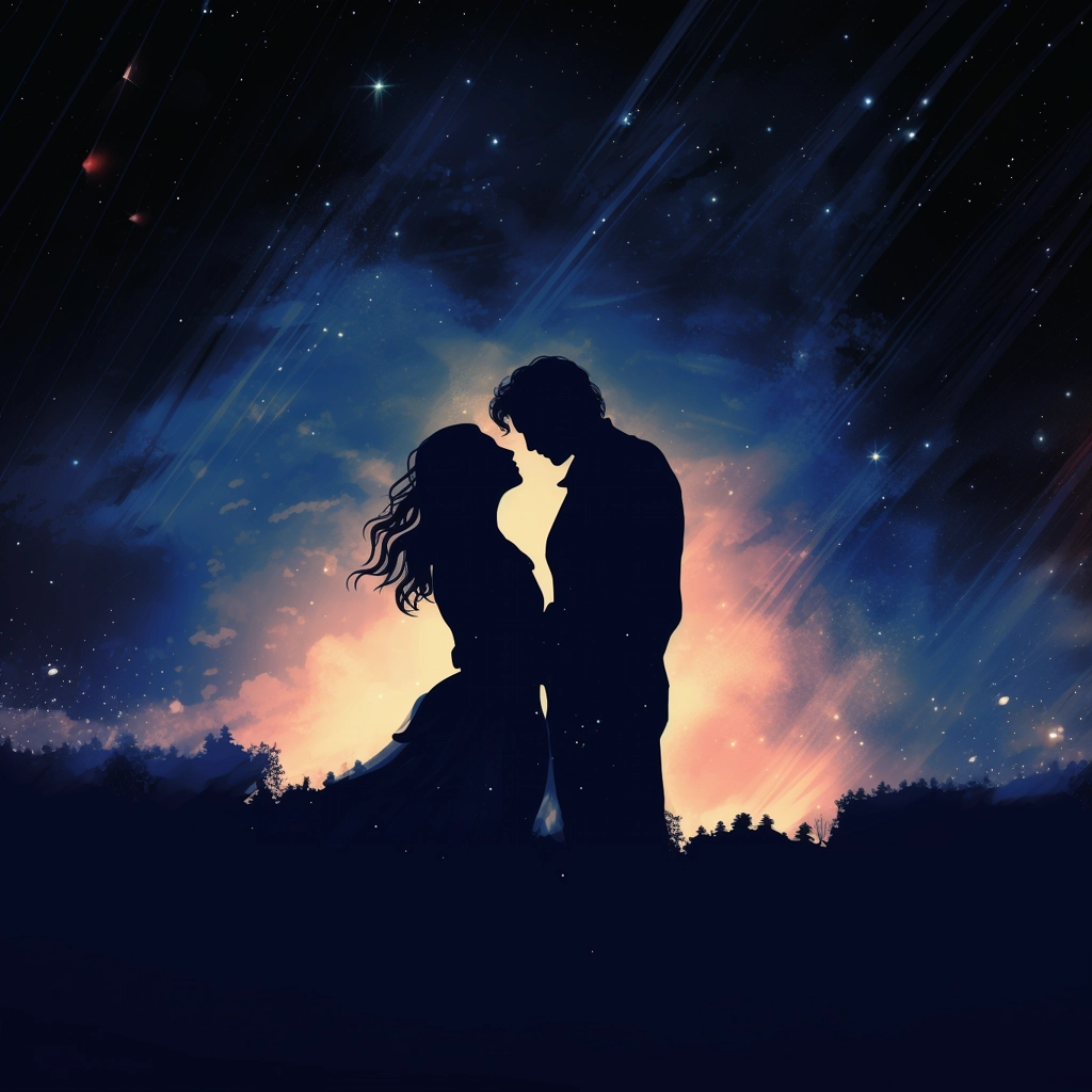 Shadow of a man and woman hugging a night sky styliz