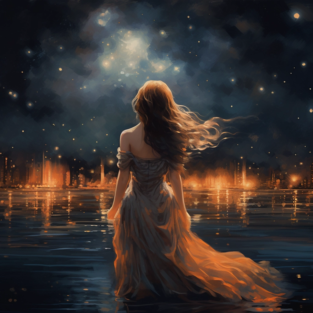 A girl standing in the night with starry sky in the