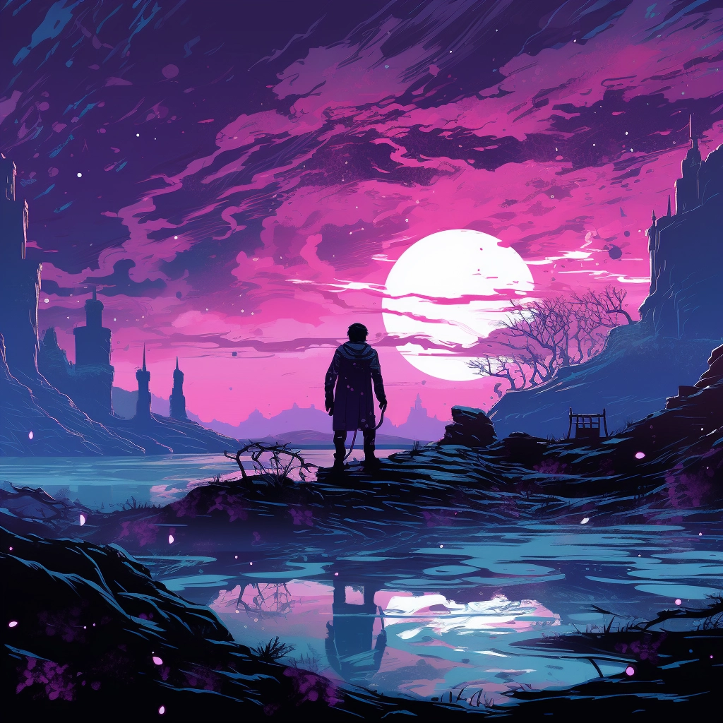 A fantasy painting depicting a scene with a moon and