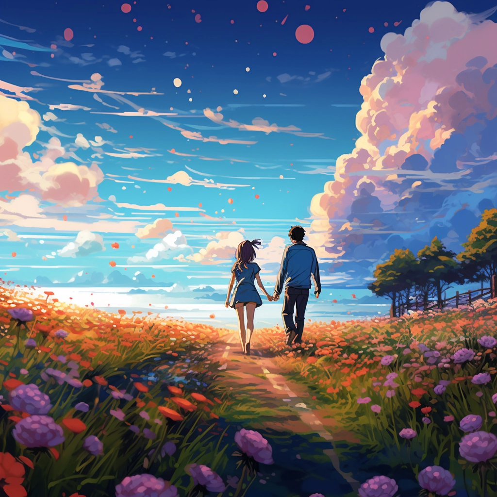 Manga couple walking along the path next to a bloomi
