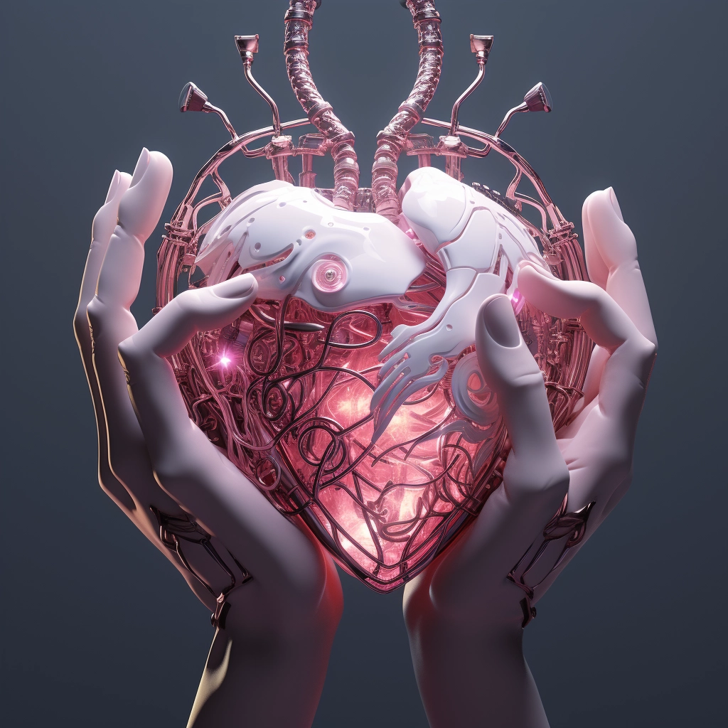 Synthetic heart being held in a robotic hand in the