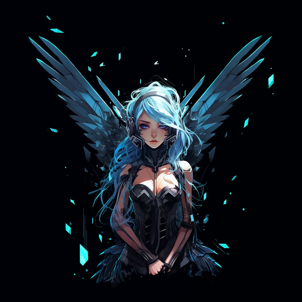 Cyberpunk anime fairy with blue hair and wings 2D ve