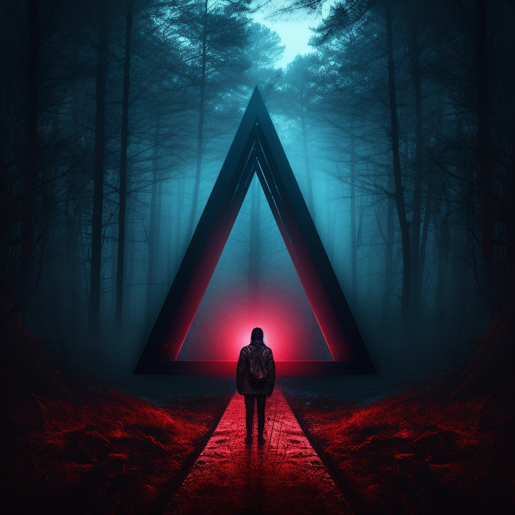 Blue triangle with a woman standing outside of it in