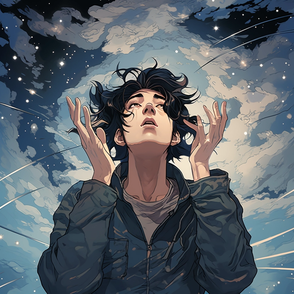 An image of an anime artist holding his hands above