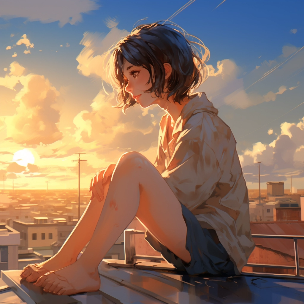 An anime girl sitting on the rooftop in the style of