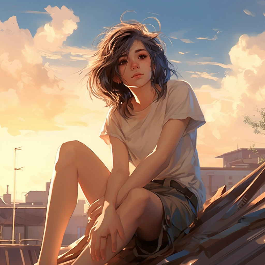 An anime girl sitting on the rooftop in the style of